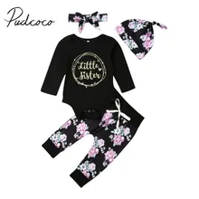 Коллекция года, весенне-осенняя одежда для малышей Одежда для новорожденных девочек с буквенным принтом Комбинезон+ штаны, леггинсы повязка на голову, комплекты одежды из 4 предметов