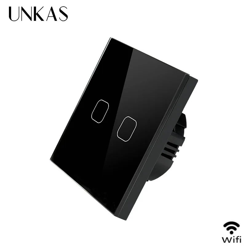 WiFi Black 2 gang UNKAS ЕС/Великобритания wifi умный сенсорный выключатель приложение беспроводной пульт дистанционного света настенный выключатель Хрустальная стеклянная панель работает с Alexa/Google Home - Цвет: WiFi Black 2 gang