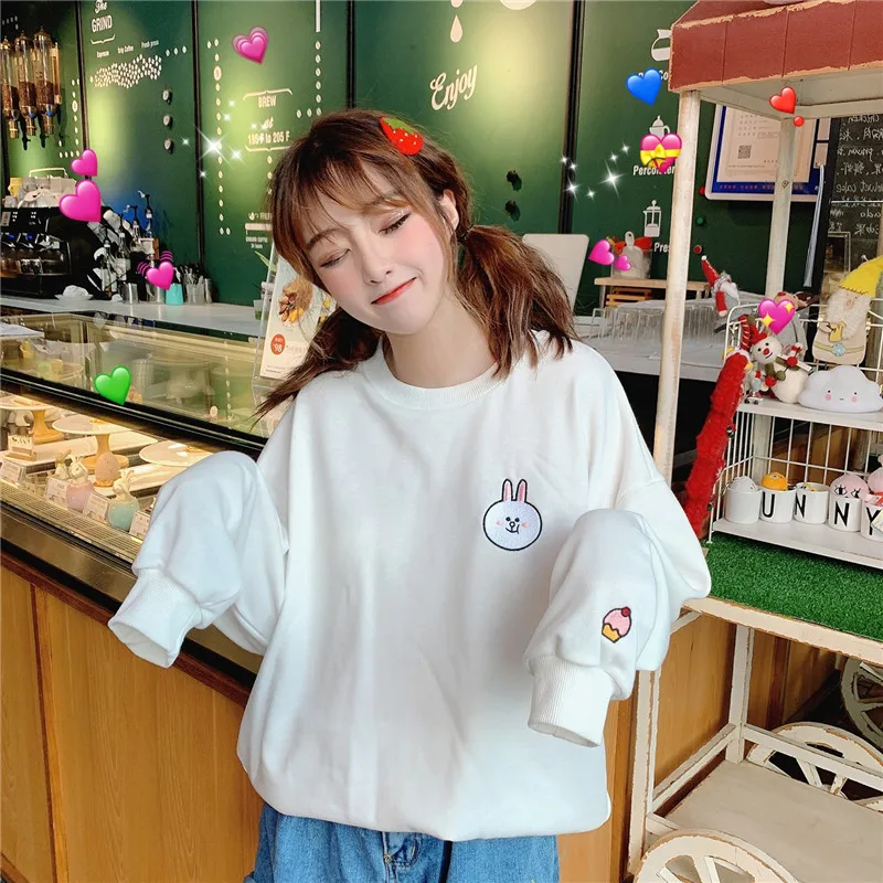 Женские толстовки Harajuku мультипликационный кролик в стиле кавай коричневый медведь вышивка Kpop негабаритный свитер Корейская уличная одежда