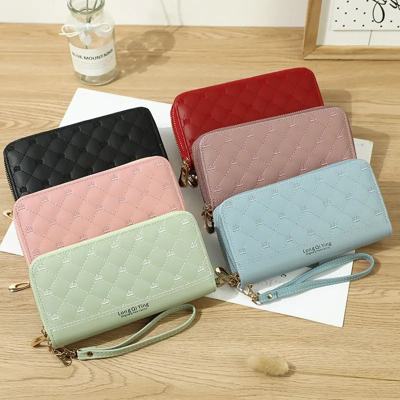 Cartera con estampado de bordada para mujer, monedero femenino de gran doble cremallera, monedero para teléfono - AliExpress Maletas y bolsas