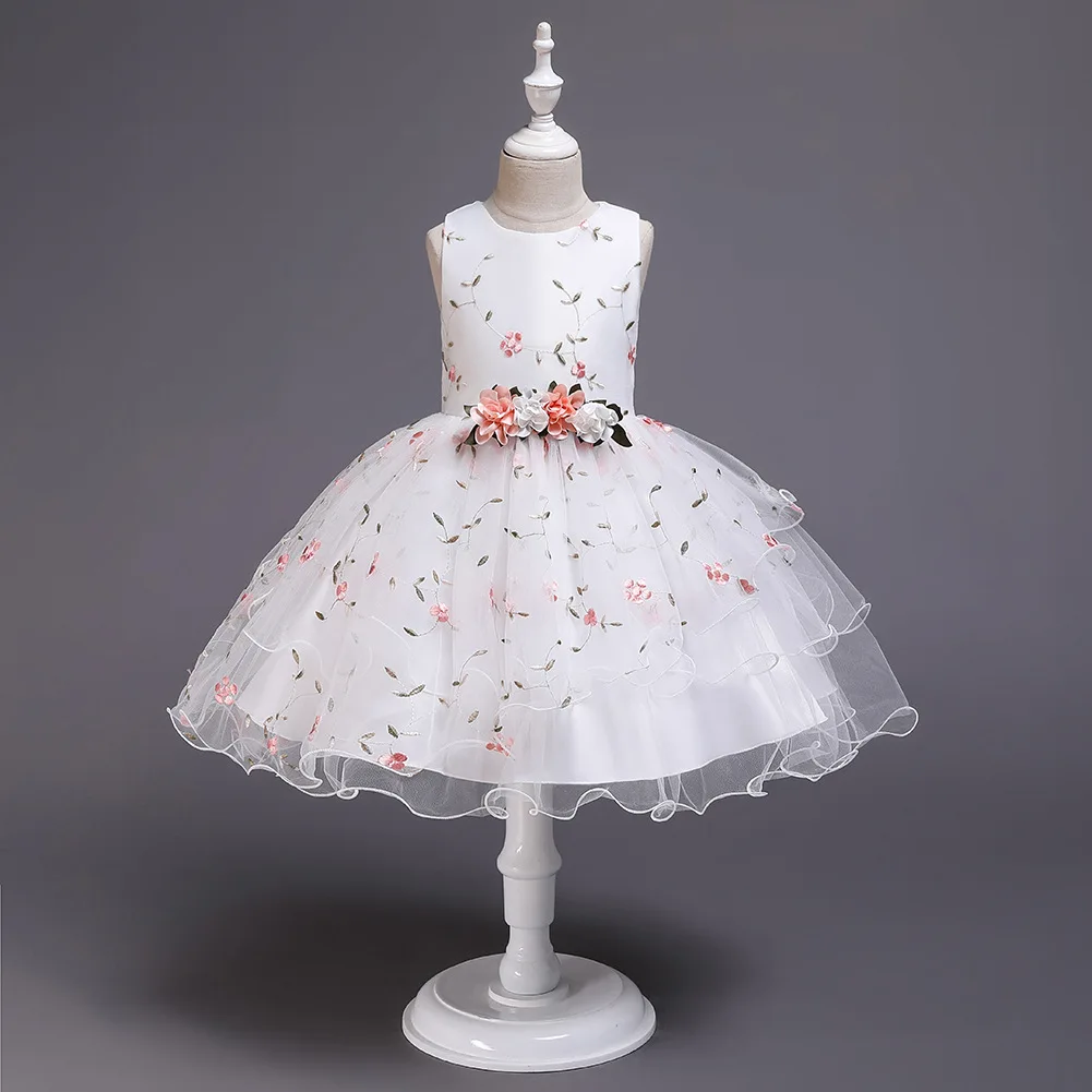 AliExpress EBay/детский жилет с вышивкой; торжественное платье; платье принцессы; костюм для подиума из белой Газовой ткани с цветами