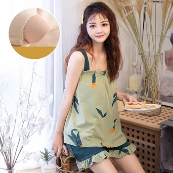 

100%Cotton Women's Pajamas Sets Built-in Bra Pyjamas Spaghetti Strap Loungewear Sleeveless Summer Cute For Female Girl Nightwear