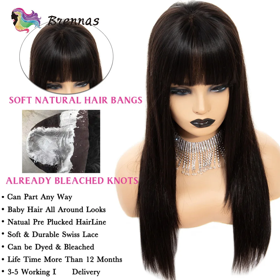 Online Brennas Lace front human hair wigs Brazilian Remy hair Straight lace wig with bangs Glueless natural black color women 8   26