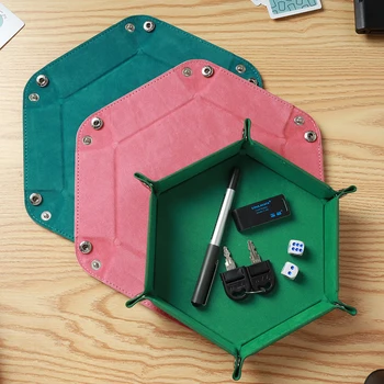 

3 Colors Hexagon PU Leather Dice Tray Table Tray Coin Keys Desktop Storage Box Foldable Wallet Coin Storage Box