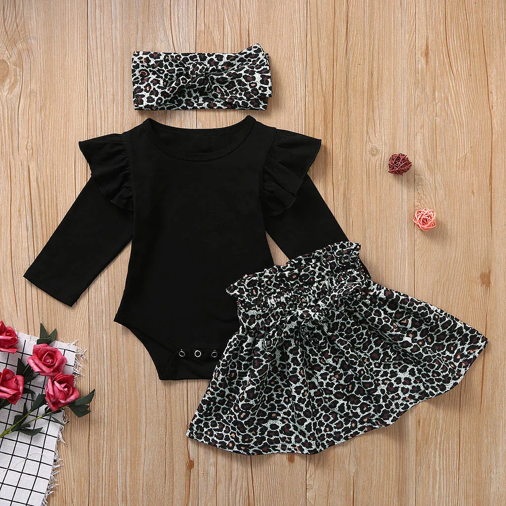 

Boutique Kids Clothing Infant Baby Girls Solid Romper Bodysuit+Leopard Print Skirts+Headband 3PCS Outfits Vetement Enfant Fille