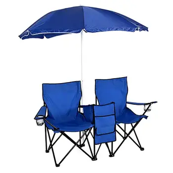 

Portable Outdoor 2-Seat Folding Chair with Removable Sun Umbrella Blue and Storage Bag for Fishing Sunbathing
