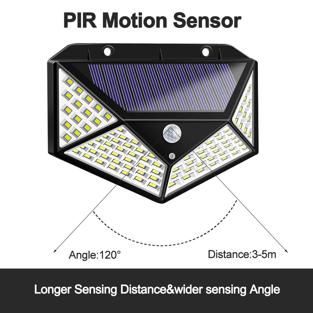 100 светодиодный четырехсторонний Солнечный свет датчик движения настенный светильник 3 режима угол 270 градусов наружные водонепроницаемые садовые лампы