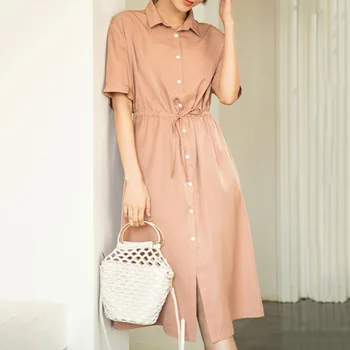 

Korean Style Clothes Design Button Turn Down Collar Women Pink Black Plain Short Sleeve Shirt Summer Dress Casual Office Dress