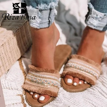 

RIZABINA New Arrival Women Sandals Shoes Fashion Flat Low Heels Slippers Stylish Tassels Shoes Women Slip On Footwear Size 35-43