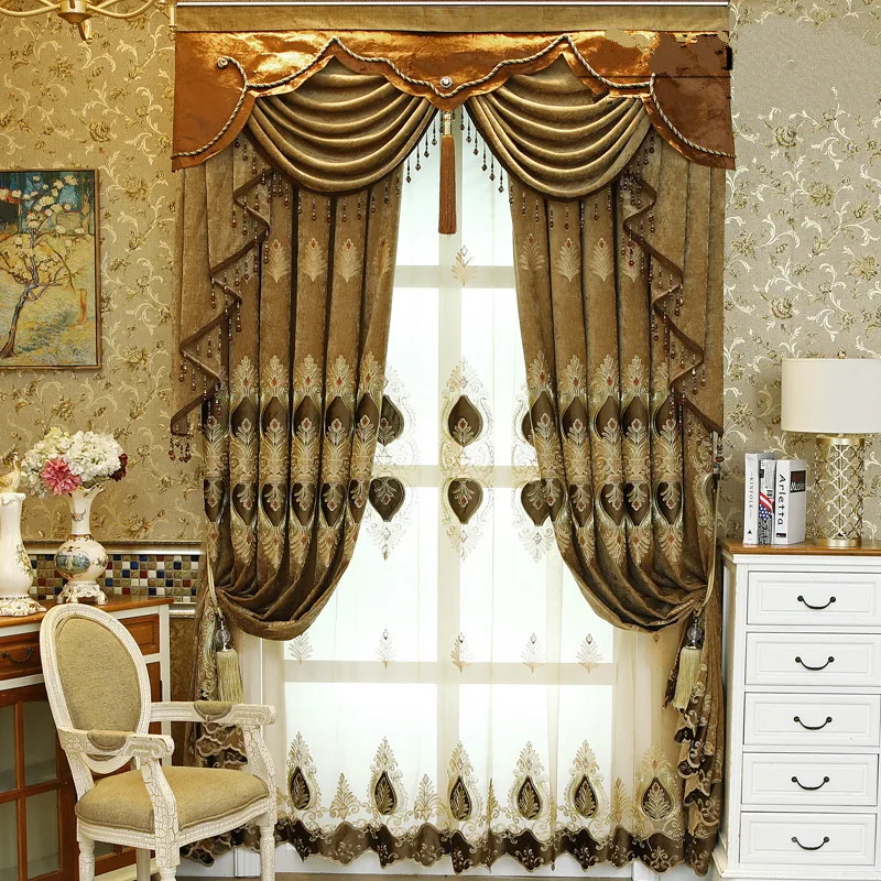 European Style Curtain for Living Room Luxurious Curtains for Bedroom Atmosphere Window Chenille Valance Curtain Blue