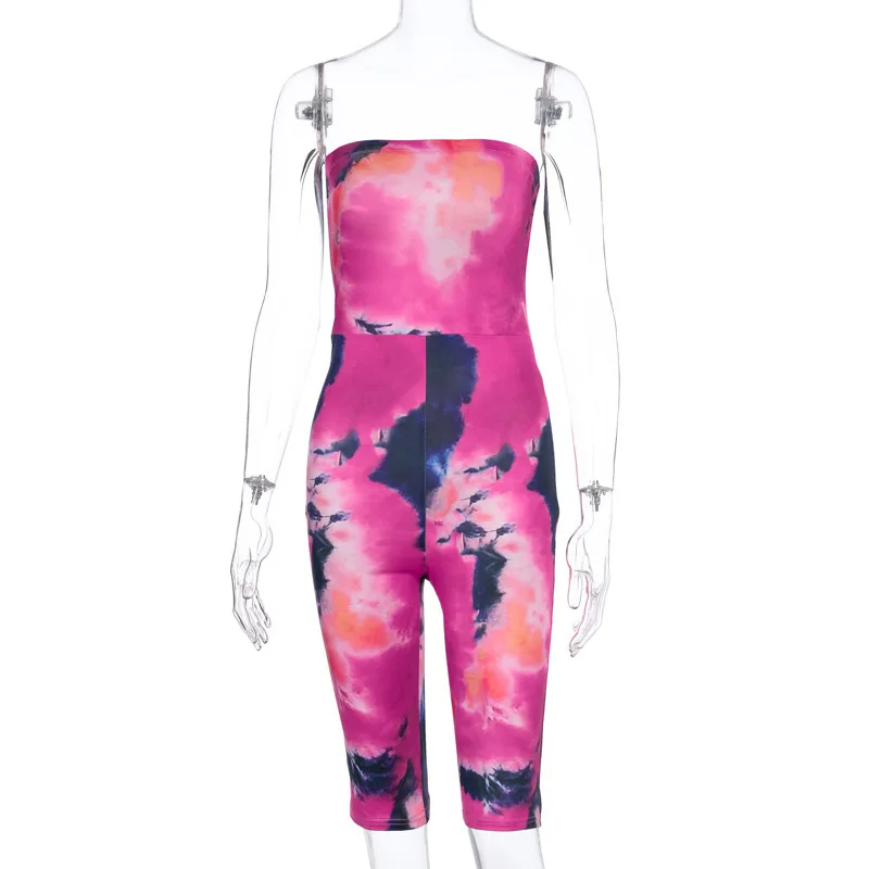Tie Dye Strapless Women Bodycon Rompers Fashion 2020 Summer Biker Shorts Playsuit Casual Sporty Workout Active Wear Hot