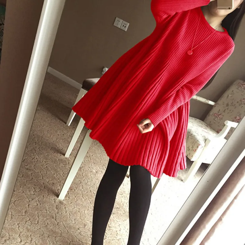 

Autumn Winter Sweet Knitted Thicken Sweater Dress For Women Pleated Striped High Waist Solid Color Ladies Warm Mini Dresses