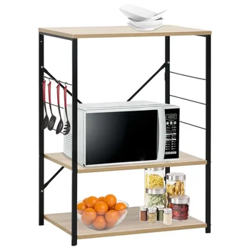 

Multifunctional Kitchen Storage Shelf Black and oak chipboard microwave cabinet 3-Tier Shelf for Spice Rack Dishes Organizer