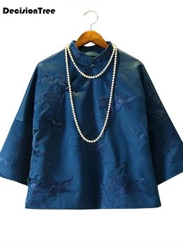

2020 chinese qipao shirts guzheng costume embroidery flower national customs daily top hanfu elegant vintage satin top tangsuit