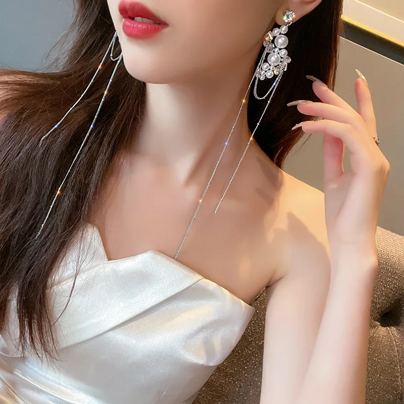 Dangle Earrings Pearl Earrings Crystal Earrings MWSONYA Korean Pearl Crystal Dangle Earrings for Women Long Chain Tassel Fashion Party Jewelry Gift