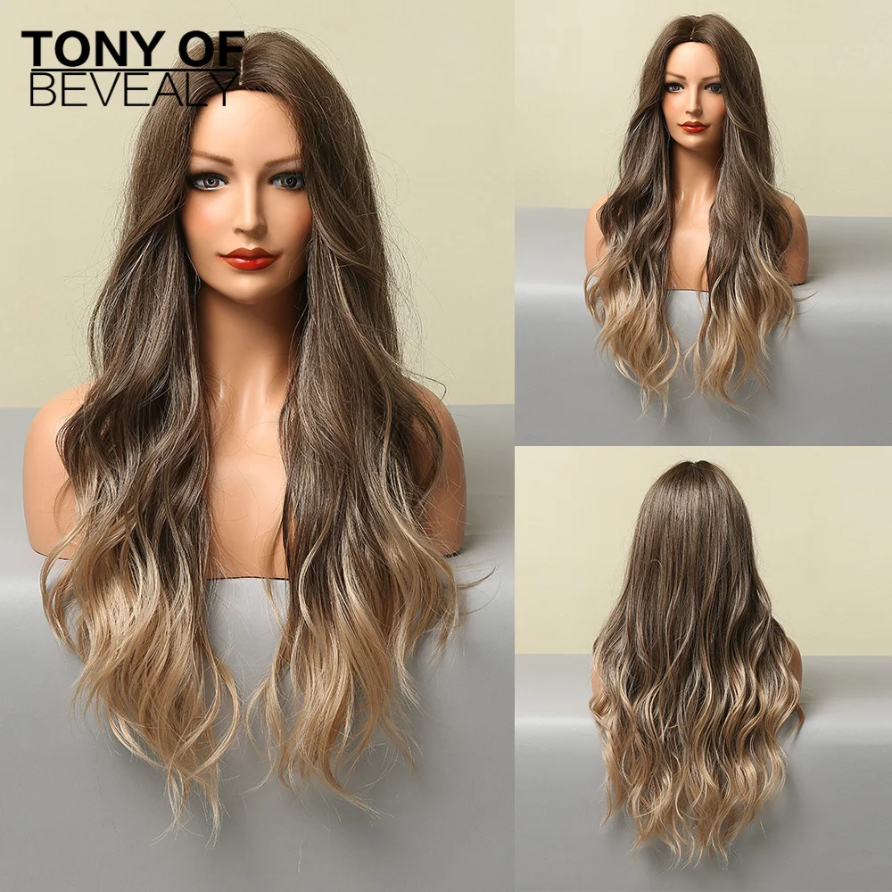 Long Water Wavy Synthetic Wigs Ombre Brown Middle Part Natural Hair Wigs For Women Cosplay Wigs Heat Resistant Fiber