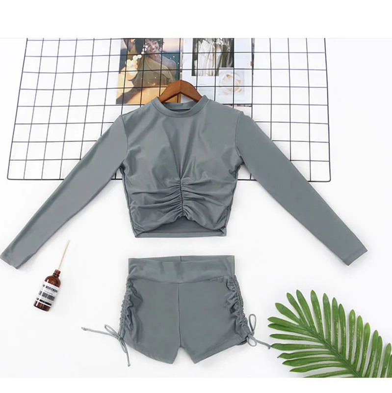 Rashguard купальник с длинным рукавом серая футболка шорты 2 шт купальный костюм женский бикини с длинным рукавом сексуальный купальник с кроп-топом