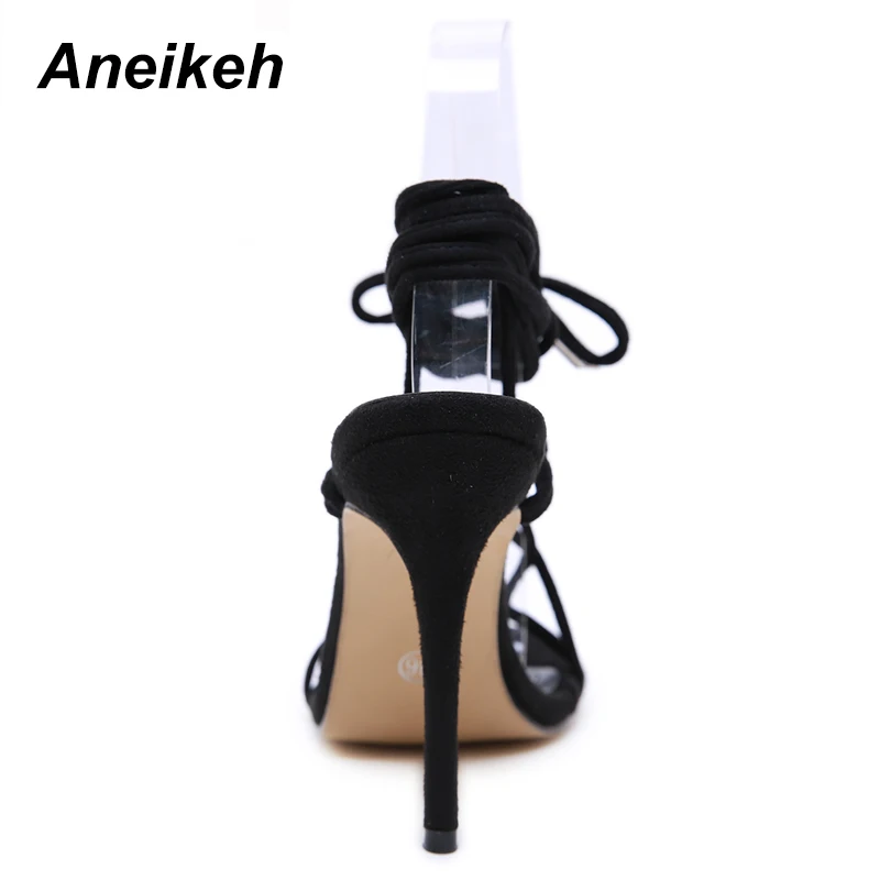 Aneikeh/модные черные туфли-лодочки; сандалии-гладиаторы; женские босоножки на высоком каблуке с перекрестными ремешками; пикантная обувь для вечеринок на тонком каблуке