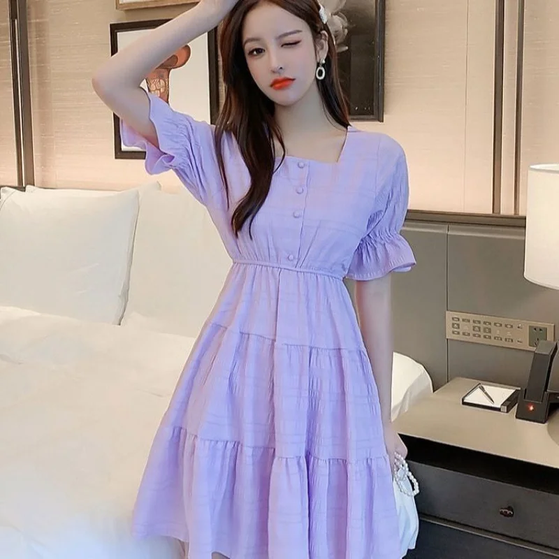

Summer Vestidos Girl Mini Dresses Slim Elegant Square Collar Button Empire Waist Ruffles Short Sleeve Sweet Purple White Dresses