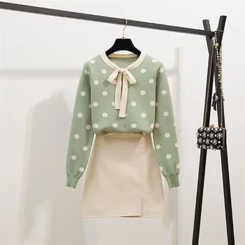 

Green Dot Sweater Skirt Set Women Two Piece Set Autumn Loose O Neck Pullover and Mini PU Leather Skirt Suit Office Lady A108