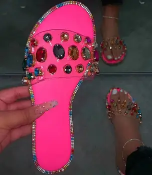 

Neon Rosy Snake Pattern Gem PVC Slippers Women Outdoor Candy-colored Beach Sandals Summer New Ladies Bright Rhinestones Slides