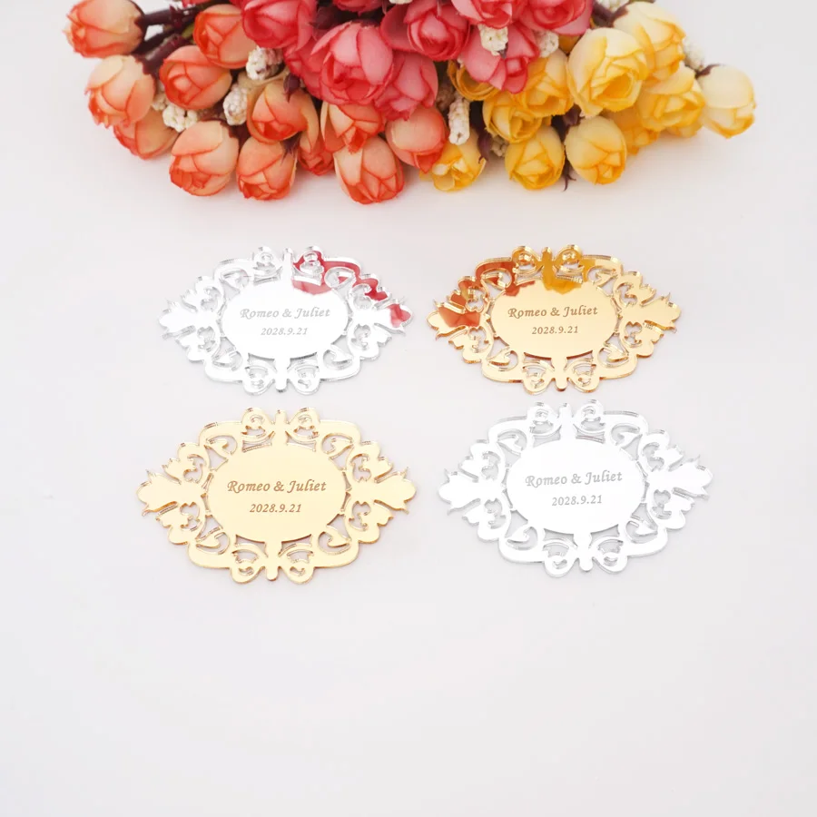 20pcs 7.5x4cm Mirror Wedding Tags Oval Acrylic Custom Personalized Babyshow Party Decor Favors Invitation Card Guest Gifts