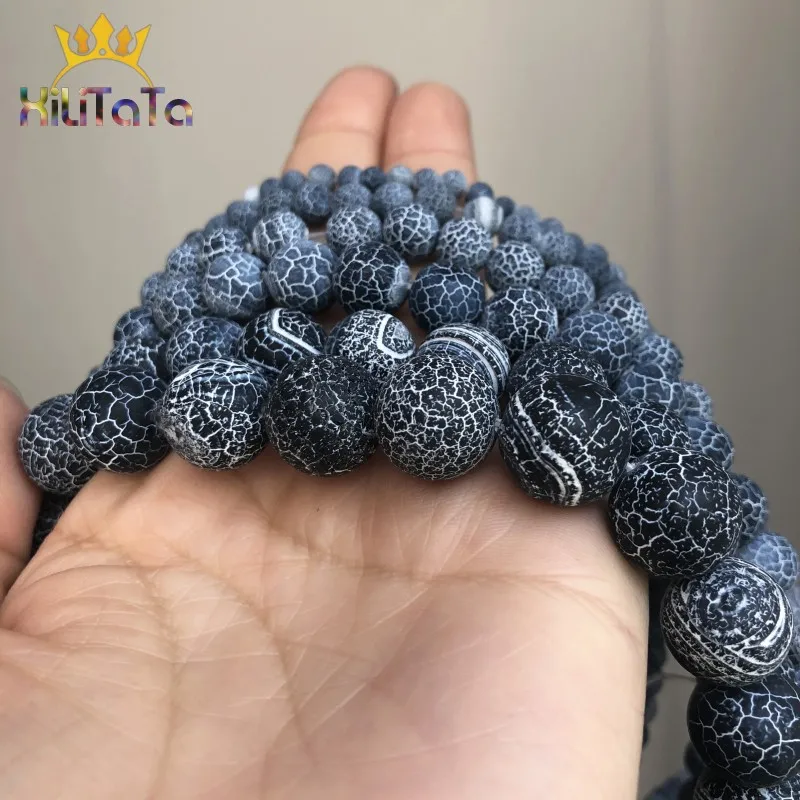 ジュエリー作り用のひびの入った黒瑪瑙ビーズ,丸いフロストビーズ,天然