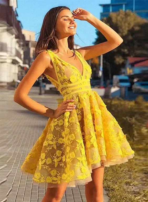 Unique V Neck Lace Appliques Yellow 