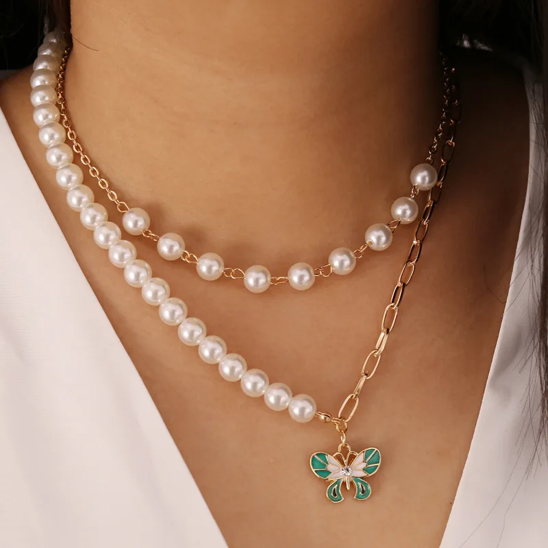 

Pearl Butterfly Multilayer Necklace Simple Clavicle Chain Coin Necklaces Open Heart Lock Water Drop Rhinestone Bridal Wedding