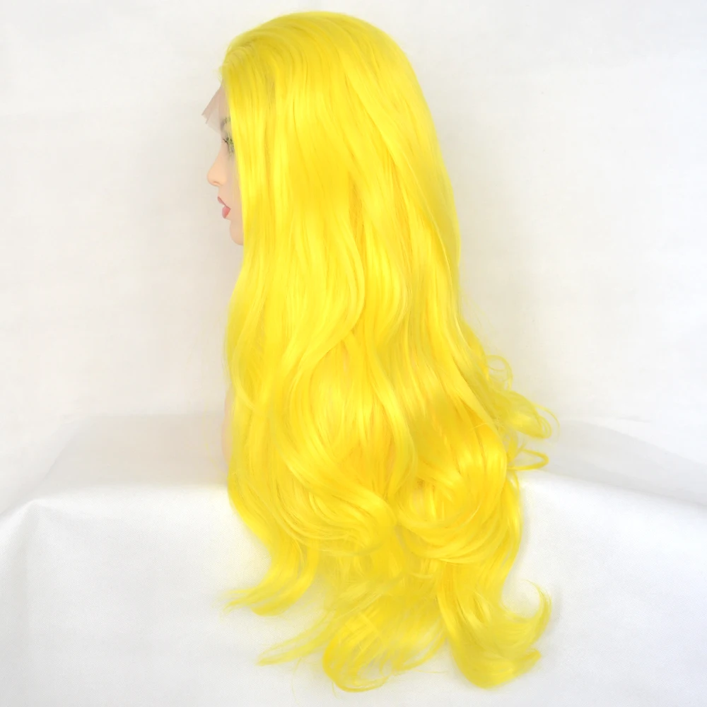 13&times;4L Sexy Yellow Synthetic Lace Front Wig Long Natural Wave Free Parting Cosplay For Women