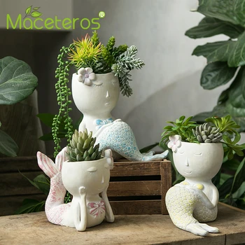 

Modern Cartoon Mermaid Sculpture Decoration Synthetic Resin Creative Succulent Flower Pot Green Plant Potted Gadening Decoration