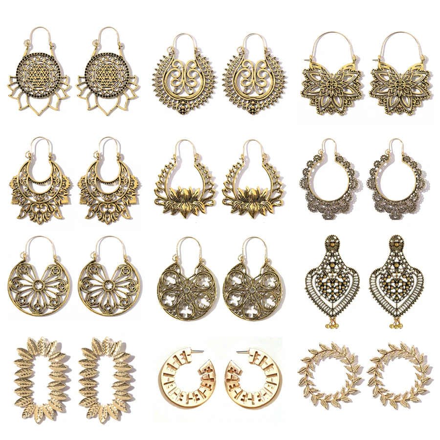 Vintage Metal Dangle Hollow Lotus Earrings Antique Gypsy Indian Tribal Ethnic Hoop Mandala Flower Oorbellen Boucle D'oreille | Украшения