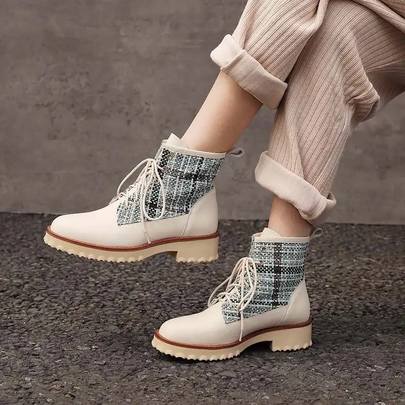 Botas mujer new winter shoes women's motorcycle boots cow leather cotton fabric comfortable British style western mid-calf boots