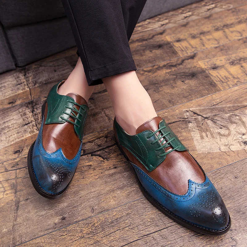 

Full Brogue Men Casual Dress Shoes Blue Patchwork CONTRAST Color Oxford PU Leather Formal Shoes Party Gentleman British