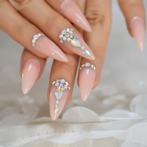 Black Reusable False Nail Pre design Gems Decorated Stiletto Press On Easy Wear Artificial Nails Art Fake Extension Tips