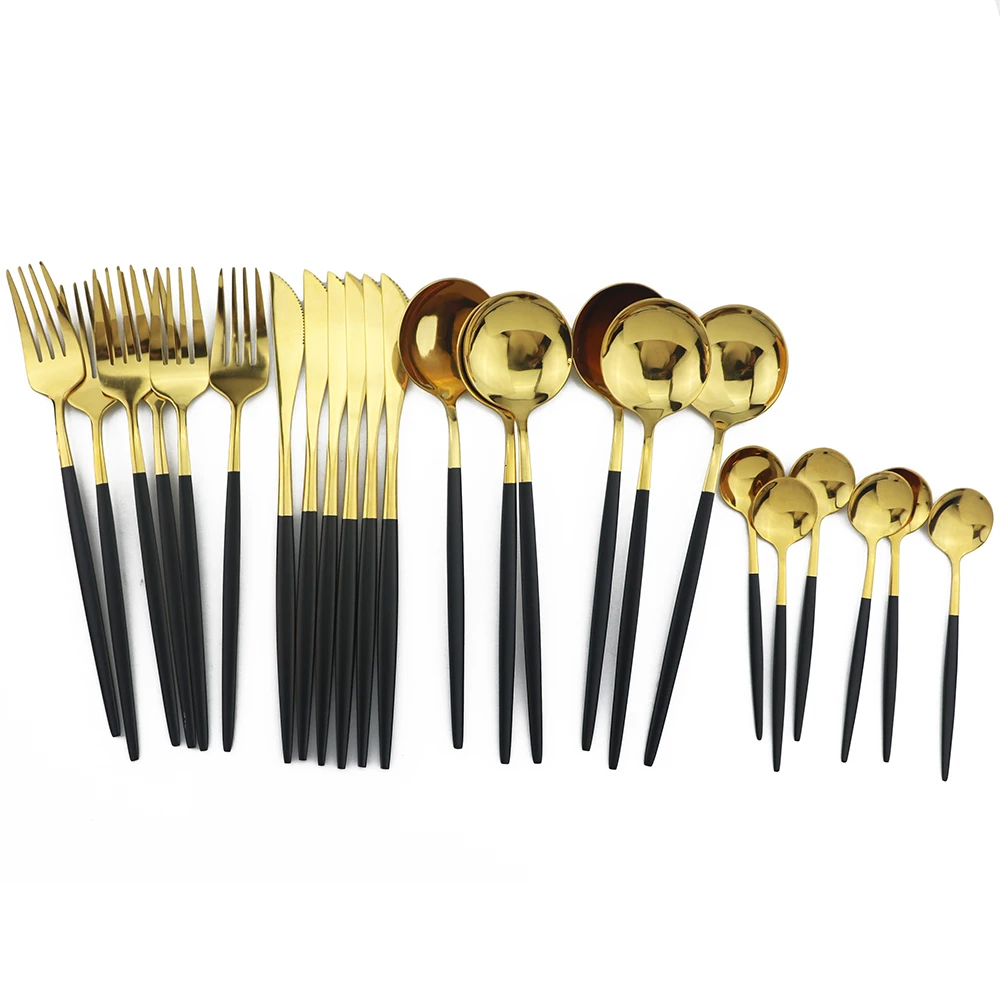 24Pcs/Set Colorful Dinnerware Set 304 Stainless Steel Cutlery Set Kitchen Mirror Gold Tableware Set Knife Fork Spoon Dinner Set