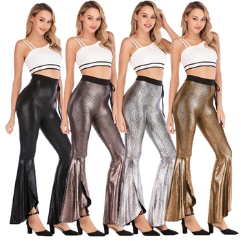 

Serpentine Dark Grain Women High Waist Pants Flared Leg Stretch Bell Bottom Unique Design Asymmetric Ruffles Pants Long Trousers