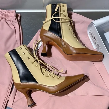 

Women Lace high heels Square toe shoes Thin shoes Color block ankle shoes Genuine Leather shoes Round toe shoes Autumn Winter