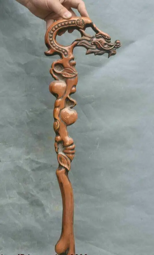 old China Boxwood wood Hand carved Dragon head Crutch Cane Walking stick statue 