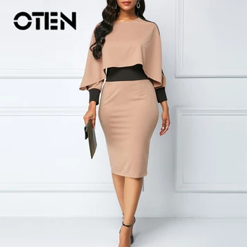 

OTEN Patchwork Long Sleeves Autumn 2019 Women Dress Cloak Elegant Pencil Midi O-Neck Party Office Plus Size Ladies Clothing Blue