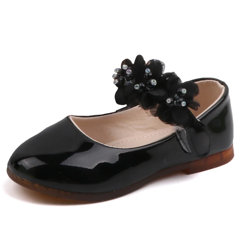 New Floral Spring Girls Shoes Children Black Red Pink Flat Single Shoes Kids Princess PU Leather for Girl CSH125