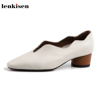 

Lenkisen design genuine leather square toe med heels slip on solid leisure style comfortable breathable autumn women pumps L76