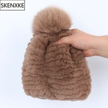 Новое поступление, зимние женские вязаные шапки из натурального меха кролика Рекс, Женская Теплая эластичная шапка из натурального меха, большие помпоны из лисьего меха