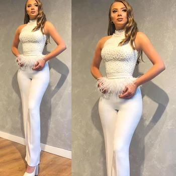 

jumpsuit prom dresses white 2020 pearls beading feather panty white evening dresses special occasion dresses