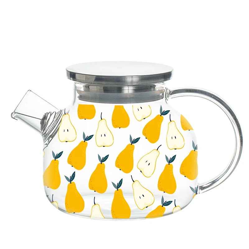 JINYOUJIA-Borosilicate Glass Teapot Set, Fruit Pattern, Heat-Resistant Tea Pot, Water Cups, Office Home Juice Cold Kettle, 1.6L