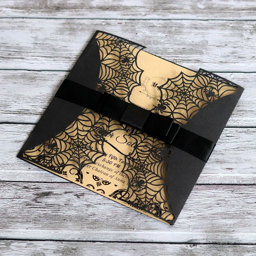  10pcs Halloween Laser Cut Greeting Card Cover Black Spider Web Invitations Halloween Cover Party Gi - 4000133714477