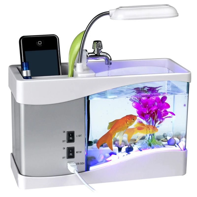 

USB Desktop Mini Fish Tank Aquarium Glass LCD Timer Clock LED Lamp Light LED Aquarium Fish Tank Alarm Clock Black/White
