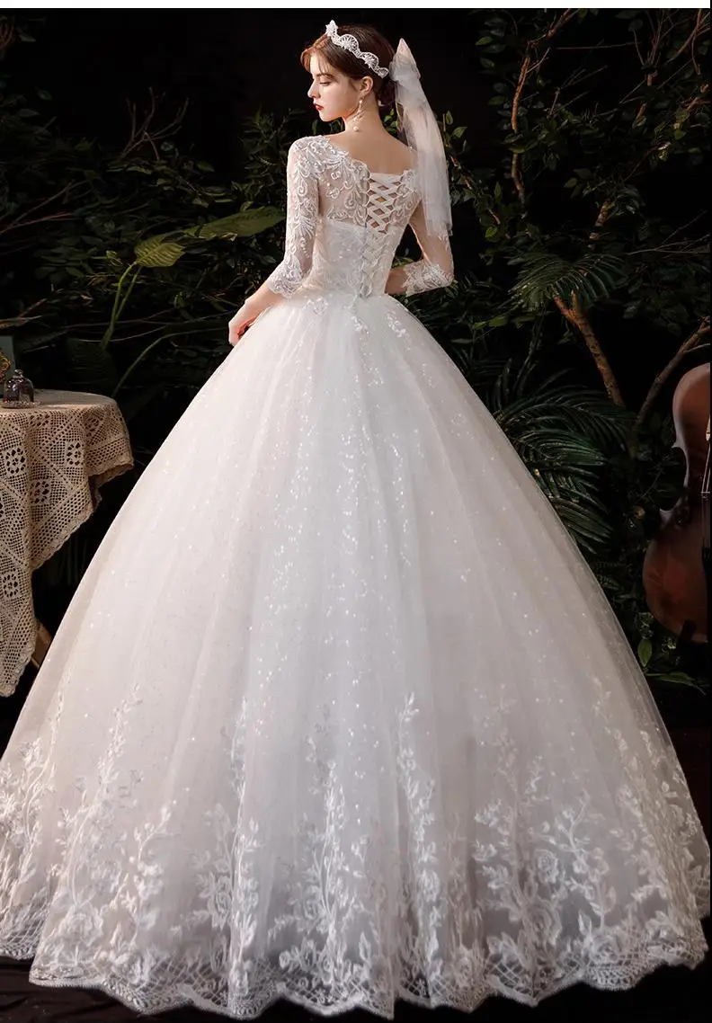 New Sweetheart Three Quarter Elegant Wedding Dress With Sleeve Long Lace Embroidery Train Bridal Gown Plus Size Vestido De Noiva vintage wedding dresses