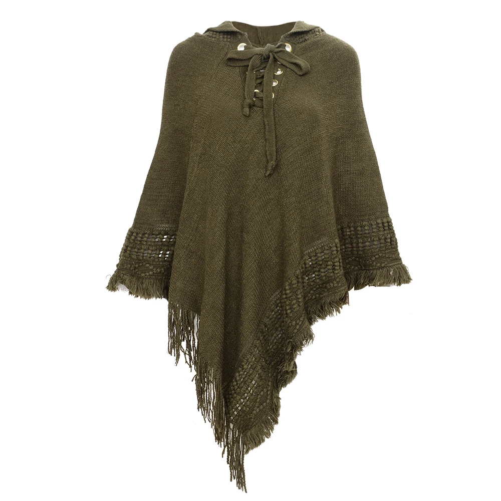 2019New Ladies Hooded Poncho Solid Color Cape With Rope Tassel Crochet Knitting Poncho For Women Pullover