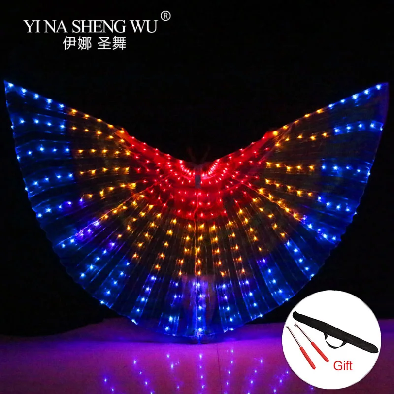 LED Belly Dance Isis Wings with Adjustable Stick Stage Performance Props Unisex Shining Rainbow LED Dance Wings 300pcs LED Beads